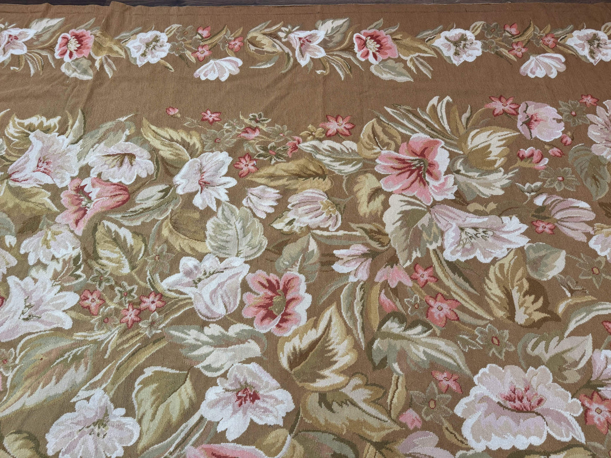 Large Needlepoint Rug 11x14, Vintage Floral Wool Carpet, Caramel - Jewel Rugs, view 3
