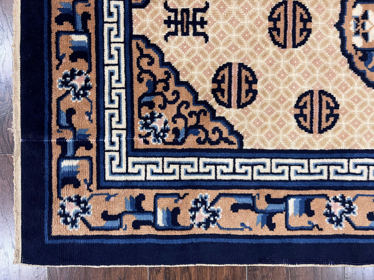 Chinese Peking Rug 3x5, Antique Chinese Art Deco Carpet, Blue Ivory Tan, Hand Knotted Wool Asian Oriental Rug 3 x 5 Vintage Small Peking Rug - Jewel Rugs, view 8