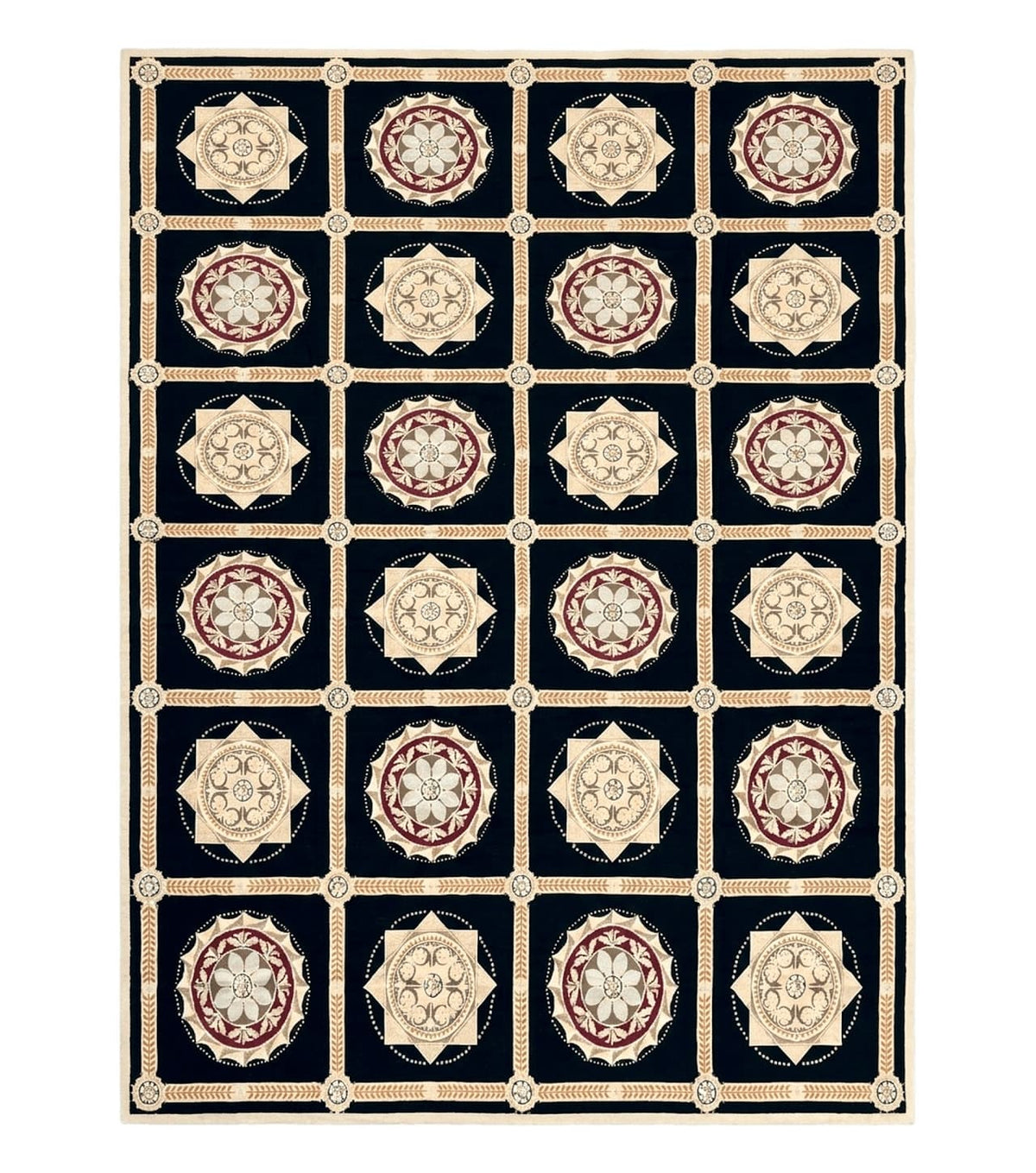 Large Needlepoint Rug 10x13, Panel Design, Black and Beige, Wool Needlepoint Carpet 10 x 13, English Garden, Handwoven Area Rug, Living Room - Jewel Rugs