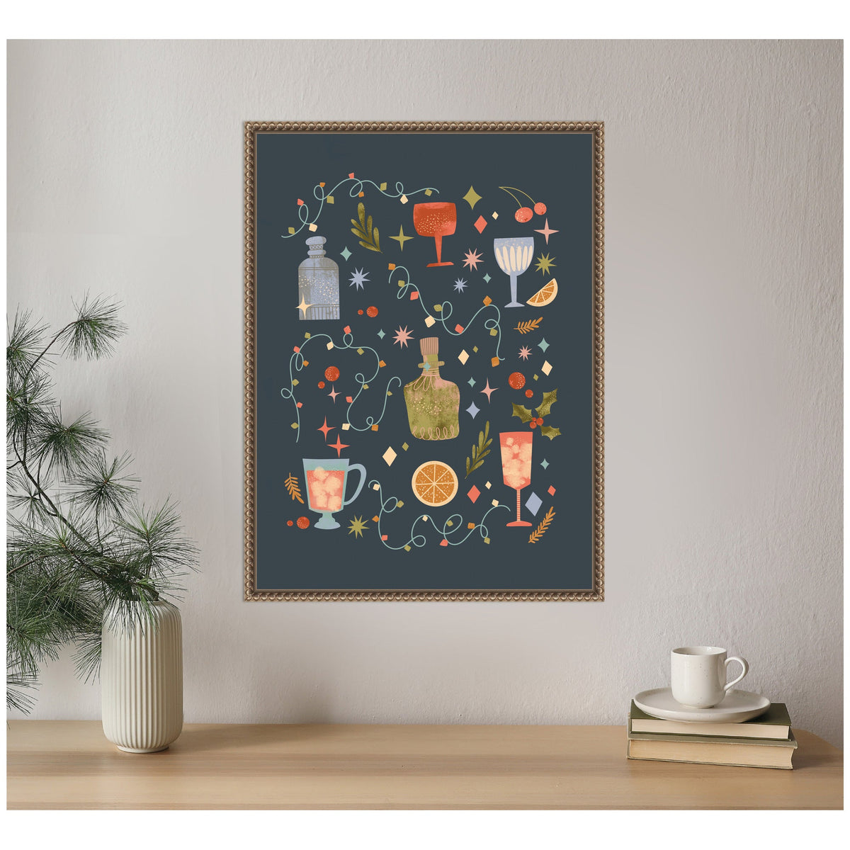 Sylvie Beaded Holiday Cocktails Framed Canvas by Nikita Jariwala
