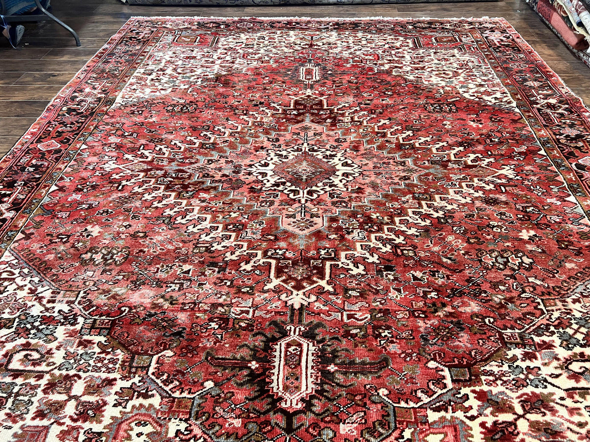 Large Persian Heriz Rug 10x13, Red and Cream Geometric Tribal Room Sized Handmade Wool Hand Knotted Semi Antique Decorative Oriental Carpet - Jewel Rugs, view 13