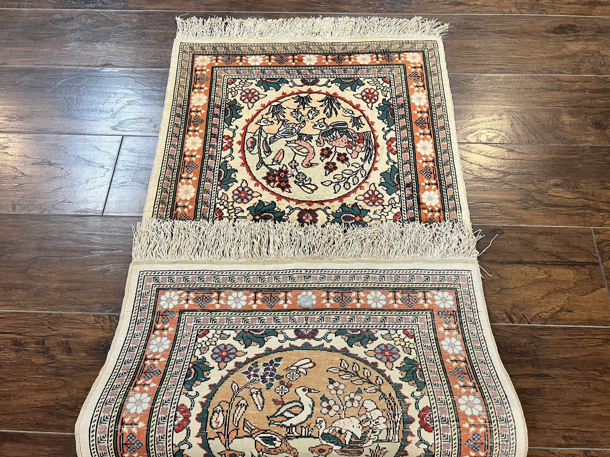 Silk Turkish Rug 2x4, Fine Handmade Oriental Rug, Animal Pictorial Birds Silk Pile on Silk Foundation Vintage Hand Knotted Hereke Carpet - Jewel Rugs, view 12