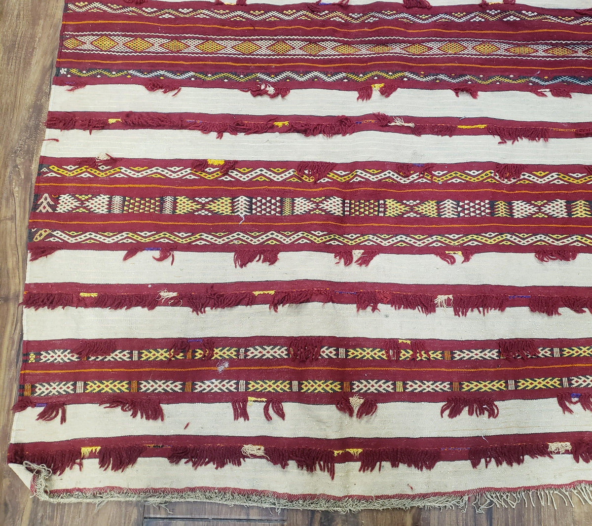 Antique Turkoman Yamud Rug 3x5 ft, 1920s Turkmen Sofreh Table Cover, Bohemian Rug, Tribal Collectible, Striped Rug, Handmade Ivory and Red - Jewel Rugs, view 9