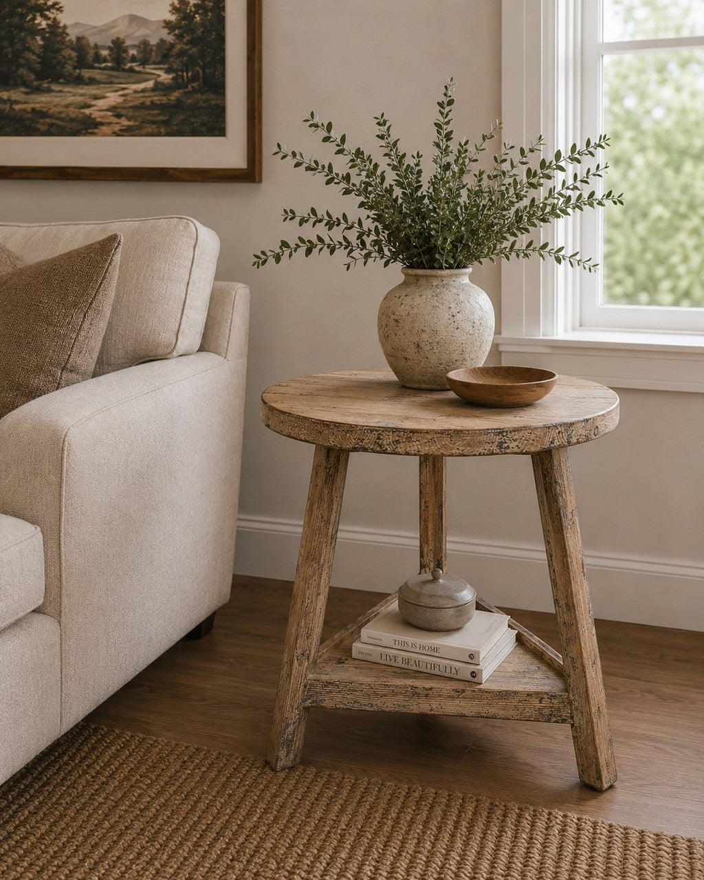 25 Inches Round Side Table with Shelf Weathered Natural with Distressed Gray