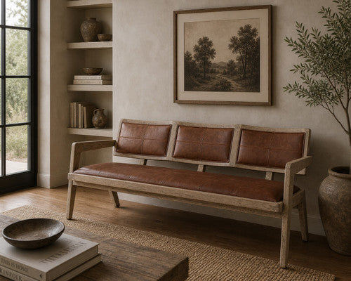 Mid-Century Woven Leather Arm Bench Weathered Natural image 2