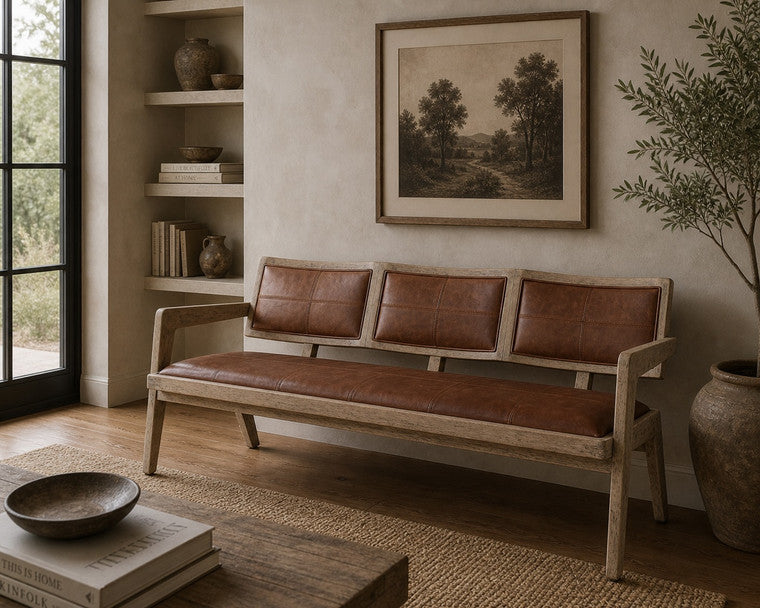 Mid-Century Woven Leather Arm Bench Weathered Natural image 3