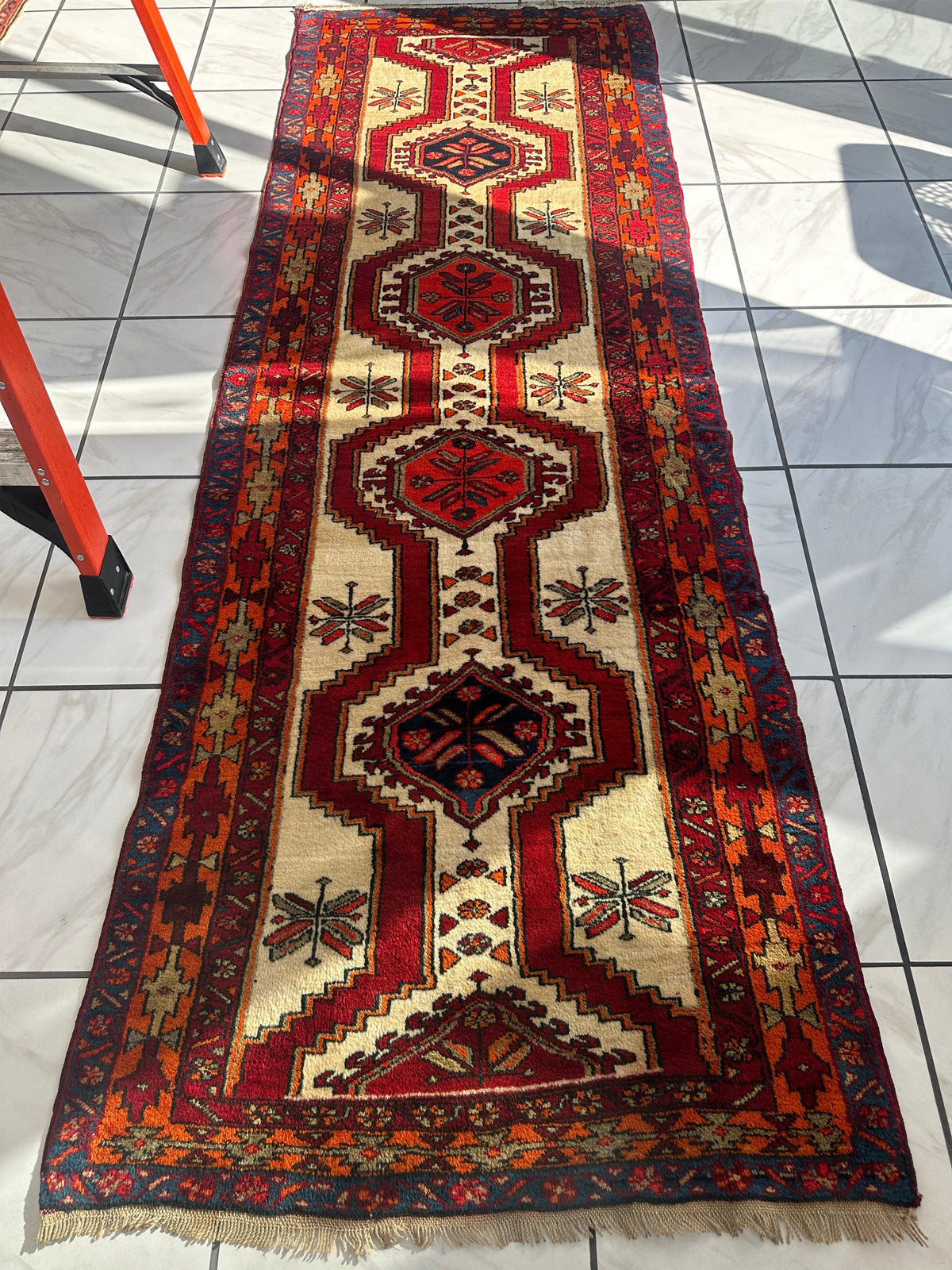 Vintage Persian Runner 4x10 | Ivory, Red & Burgundy | Hand-Knotted Wool - Rugistan, view 2