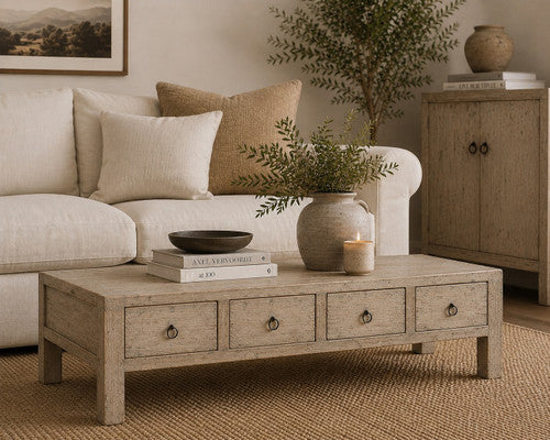 66 Inches Wide Coffee Table with Four Drawers Weathered Natural image 2