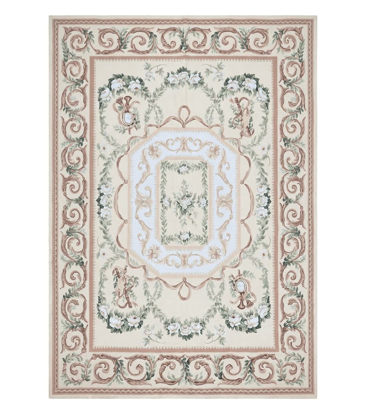Elegant Aubusson Rug 10 x 14, Cream and Ivory Simple Aubusson Floral Carpet, Hand-Woven, European, New Aubusson Rug, Wool Area Rug, Violins - Jewel Rugs