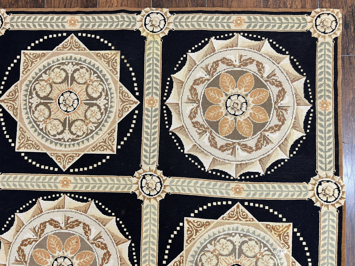 Needlepoint Rug 8x10, Black Tan Beige, Panel Design, Wool Handwoven Handmade Flatweave Needlepoint Carpet, Vintage French European Rug - Jewel Rugs, view 8