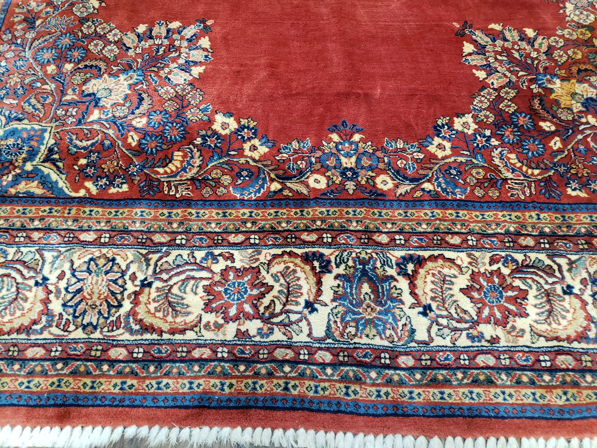 Semi Antique Persian Sarouk Rug 9x12, Semi Open Field with Central Medallion, Hand Knotted Wool, Tomato Red, 9 x 12 Authentic Oriental Carpet - Jewel Rugs, view 13