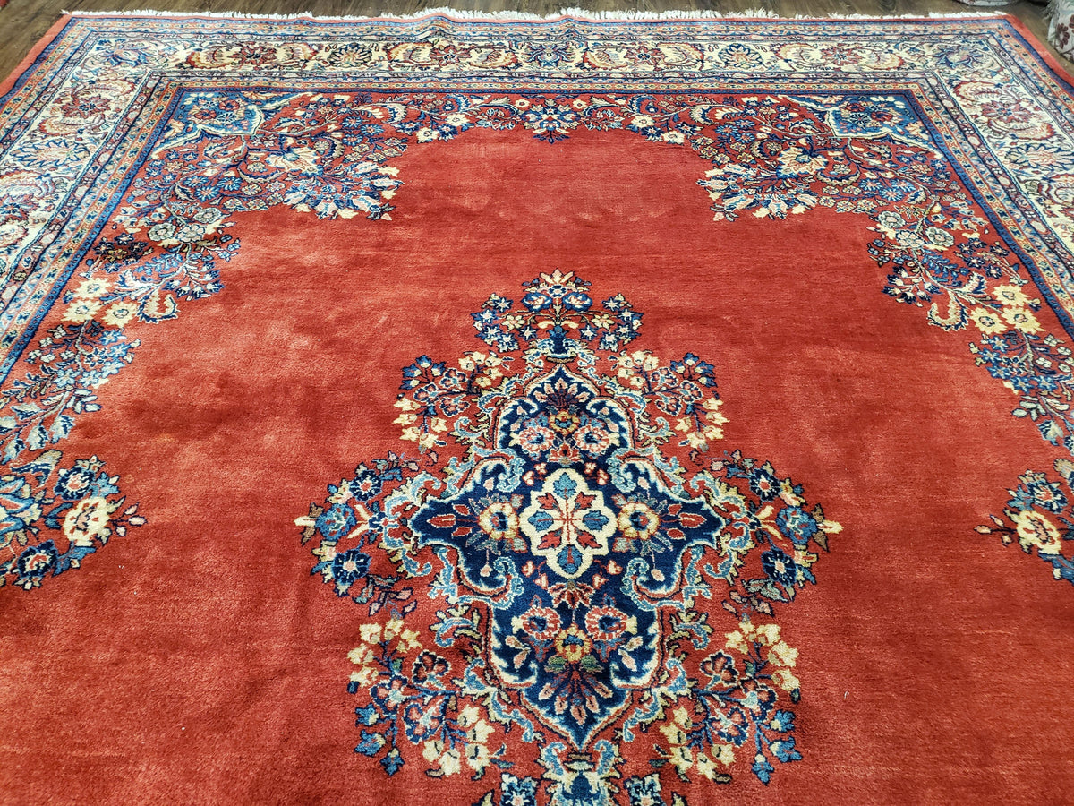 Semi Antique Persian Sarouk Rug 9x12, Semi Open Field with Central Medallion, Hand Knotted Wool, Tomato Red, 9 x 12 Authentic Oriental Carpet - Jewel Rugs, view 4