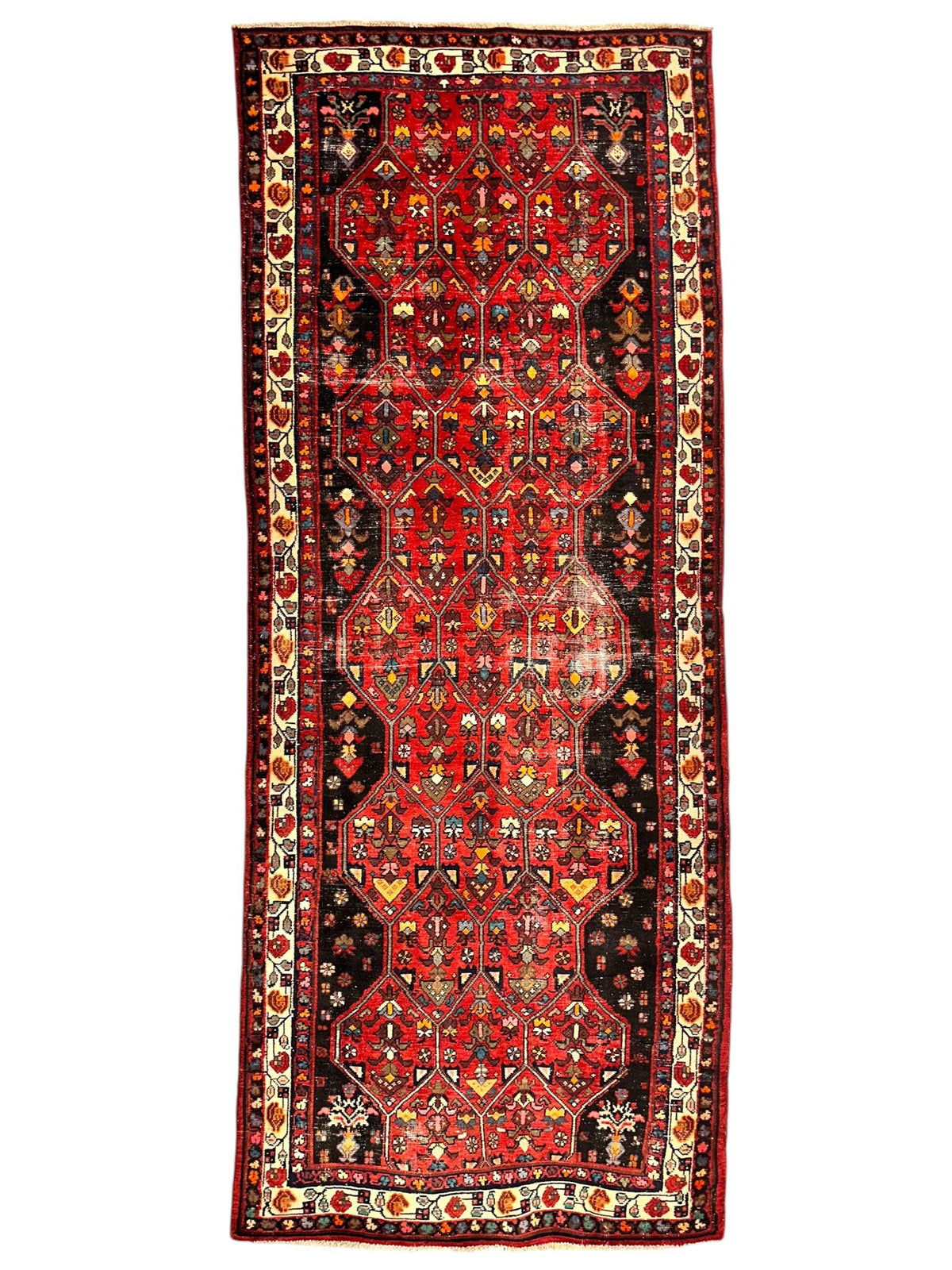 Vintage Persian Hamadan Medallion Runner 4x10 | Red, Navy & Ivory | Hand-Knotted Wool - Rugistan