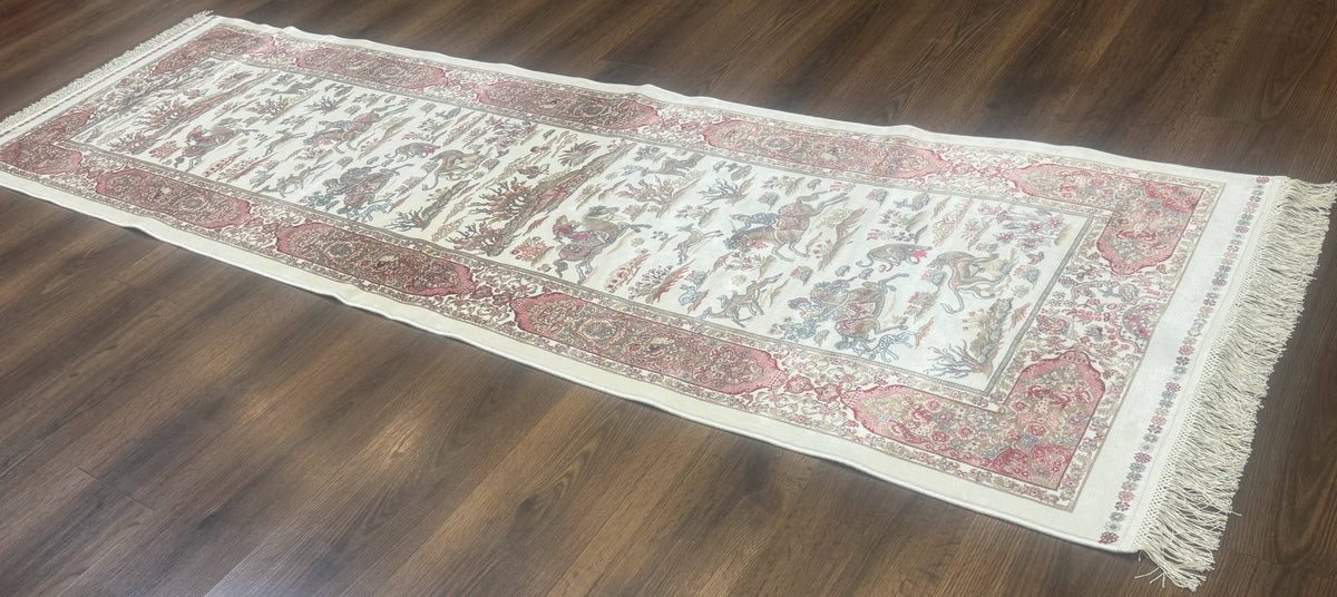 Turkish Silk Runner Rug 2.6 x 8, Hunting Design, Ivory, Bamboo Silk, New - Jewel Rugs, view 13