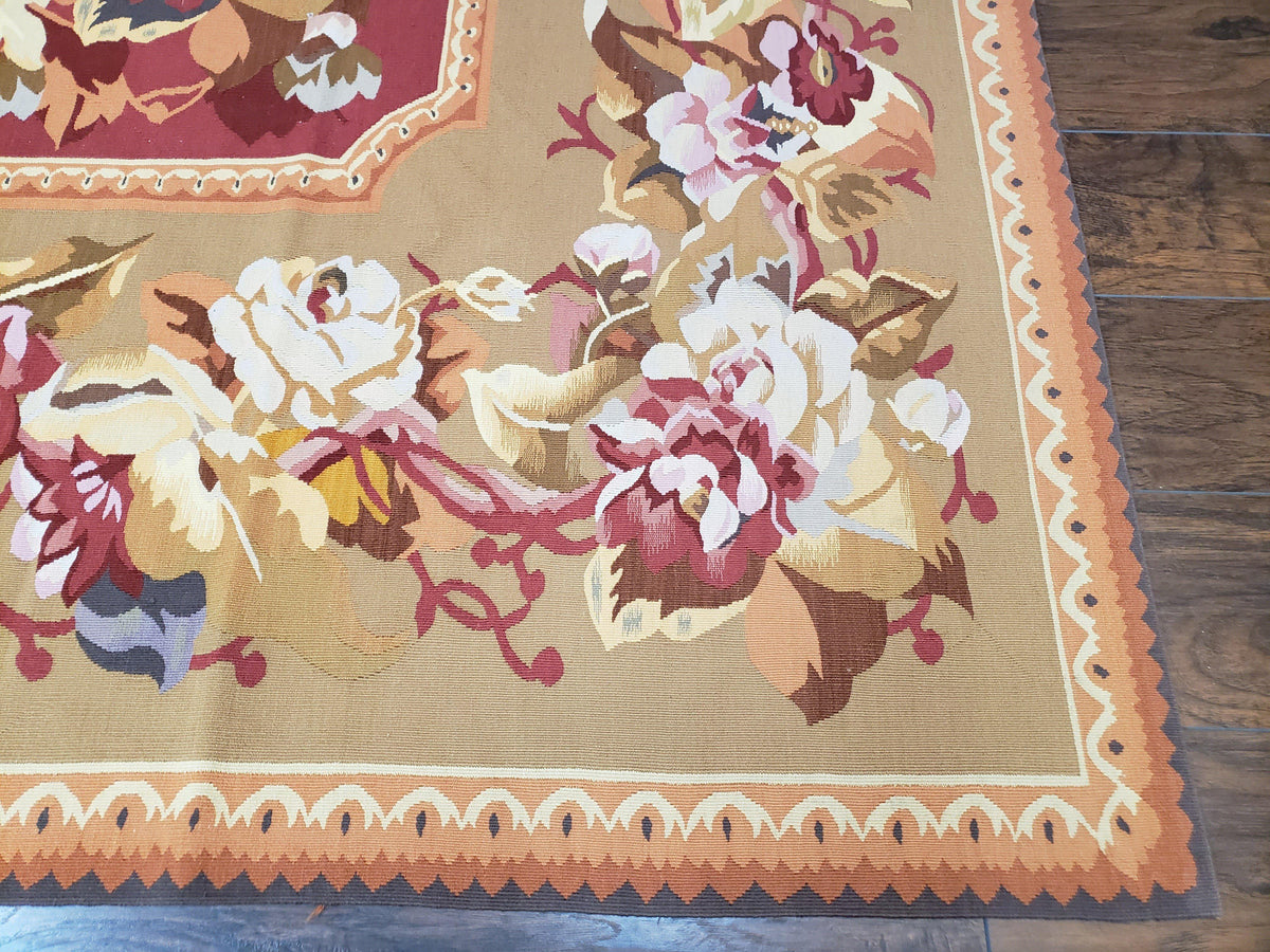 Vintage Chinese Aubusson Savonnerie Flat Pile Rug 9.9 x 14.5 Wool Handwoven Red & Khaki Large Flowers Rug 9x14 - 10x15 Michaelian Kolhberg - Jewel Rugs, view 10