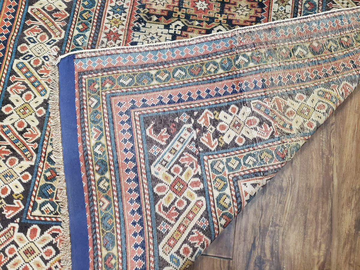 Caucasian Rug 3'9" x 5'7", Antique 1920s Collectible Caucasian Chi Chi Carpet, Hand Knotted, Colorful, Dark Blue Cream Red, Wool, Small Rug - Jewel Rugs, view 11