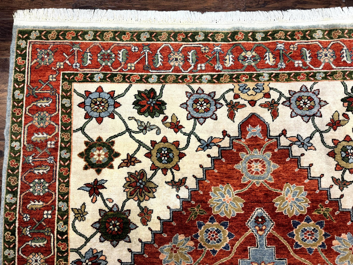 Indo Persian Heriz Rug 7x9, Geometric Pattern, Cream & Light Red, Handmade Vintage Wool Carpet - Jewel Rugs, view 7