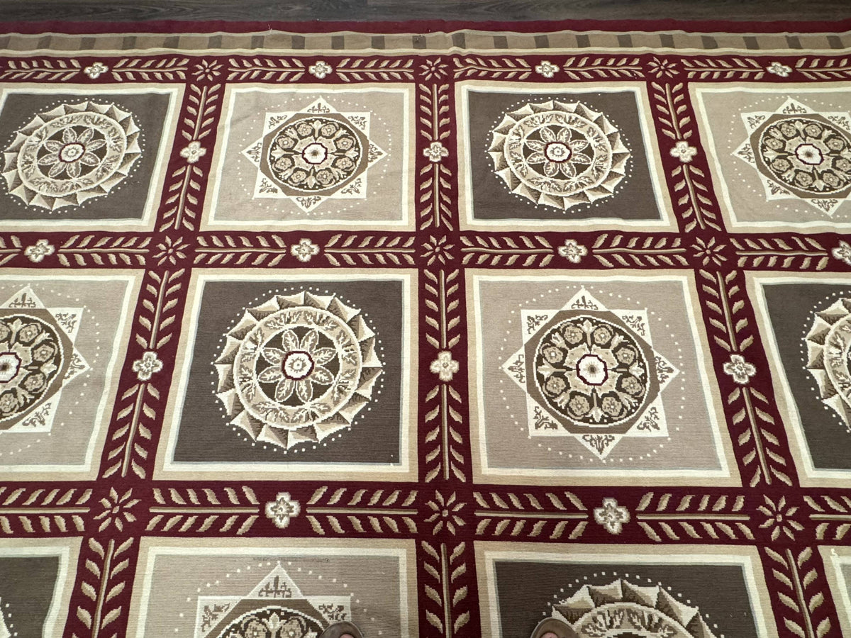 Needlepoint Rug 9x12, Panel Design, Burgundy Taupe, Elegant - Jewel Rugs, view 4