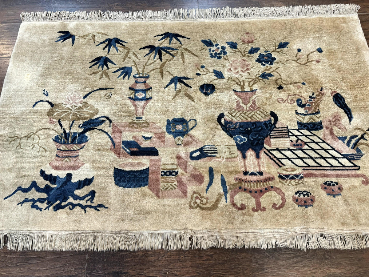Chinese Rug 5x3, Horizontal Rug, Vases Flowers, Handmade Antique Vintage Carpet, Peking Rug, Chinese Wool Rug - Jewel Rugs, view 6