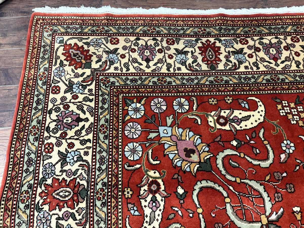 Romanian Rug 10x13, Vintage Handmade Wool Carpet, Floral Pattern, Birds, Red and Cream, Signed By Masterweaver, Persian Rug - Jewel Rugs, view 6