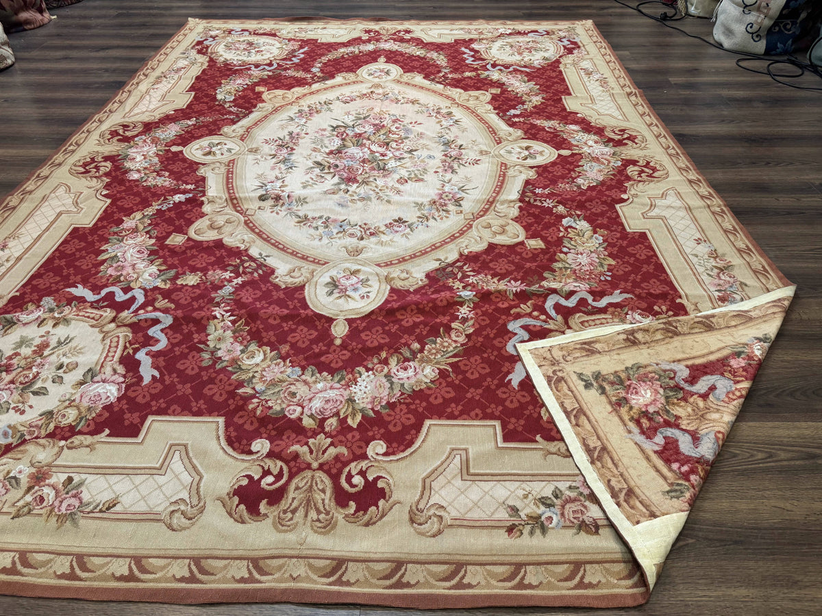 Aubusson Rug 8x11, Needlepoint Carpet, Red Ivory Beige, Vintage, French European Design - Jewel Rugs, view 12