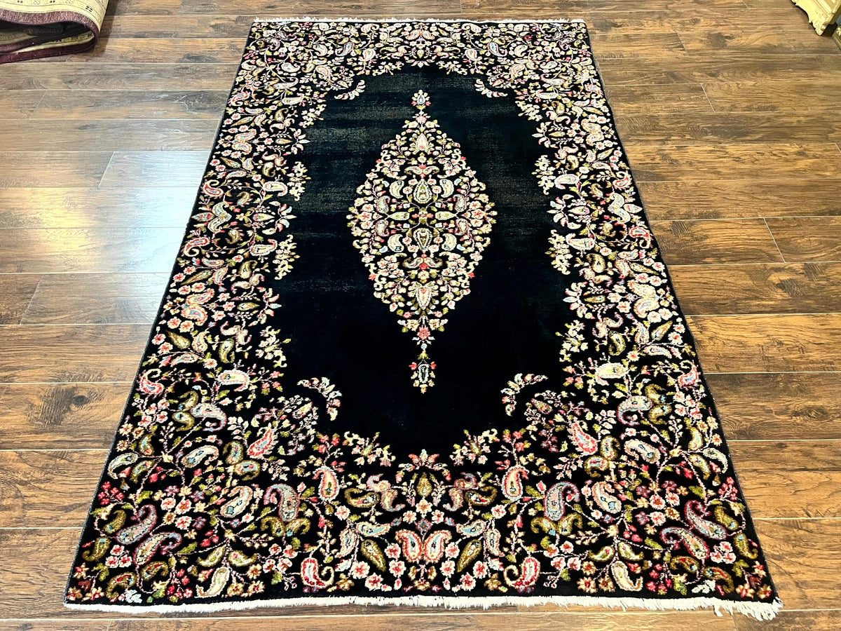 Antique Persian Kirman Rug 5x8, Floral Kirman, Midnight Blue/Black, Semi Open Field, Handmade Vintage Wool Carpet - Jewel Rugs, view 2