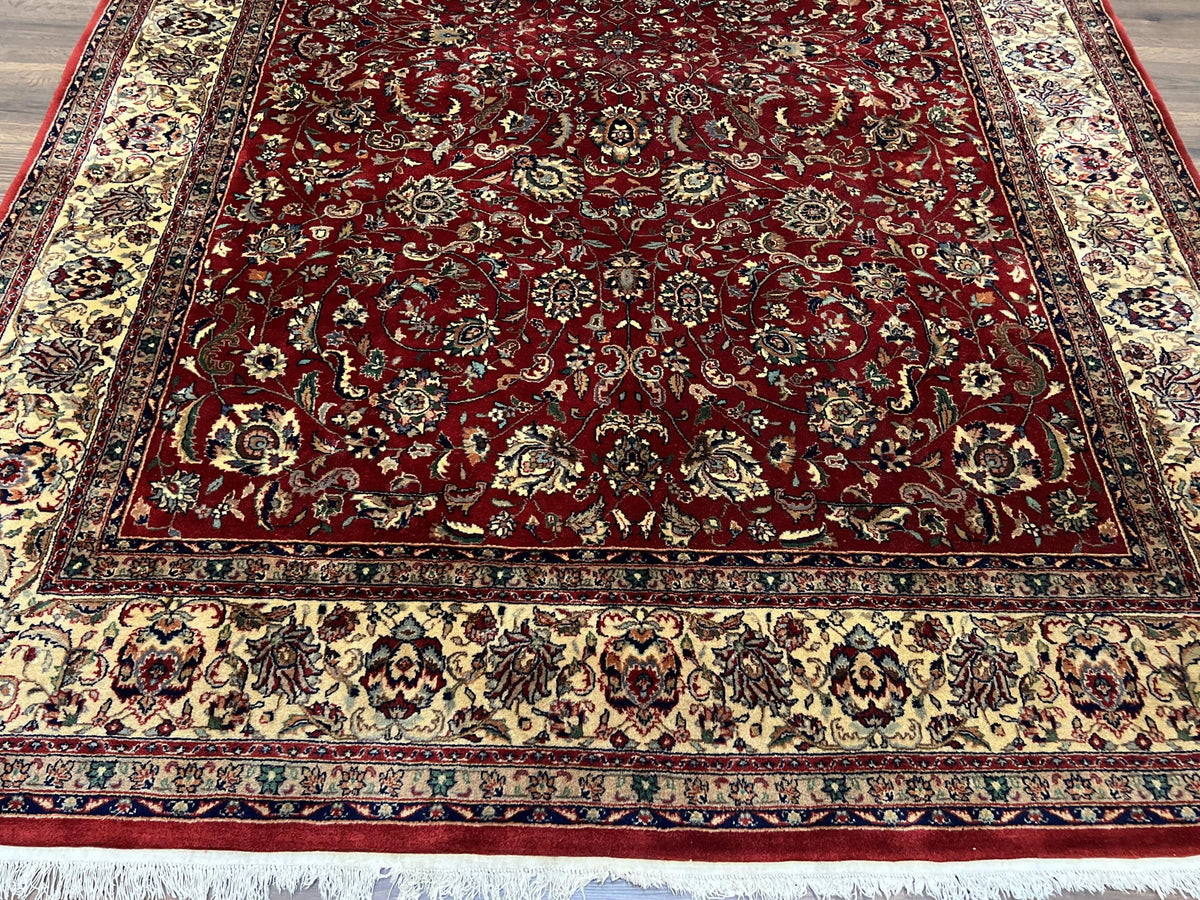 Vintage Indo Persian Rug 6x9, Very Finely Hand-Knotted Carpet 6 x 9 Red Cream Indian Oriental Carpet, Traditional Floral Wool Area Rug 1970s - Jewel Rugs, view 5
