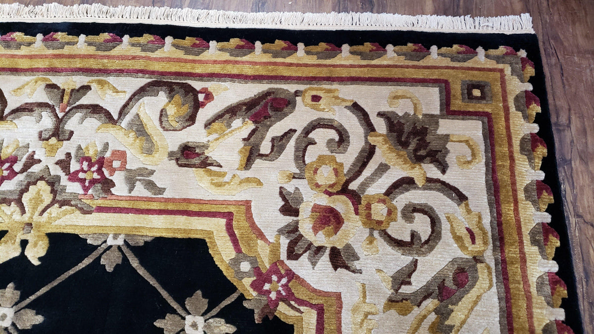Nepal Rug 6x9, New Aubusson Nepalese Tibetan Carpet 6'1" x 8' 8", Hand-Knotted Wool, Unused, Black & Cream, Savonnerie Pattern, Soft Pile - Jewel Rugs, view 8