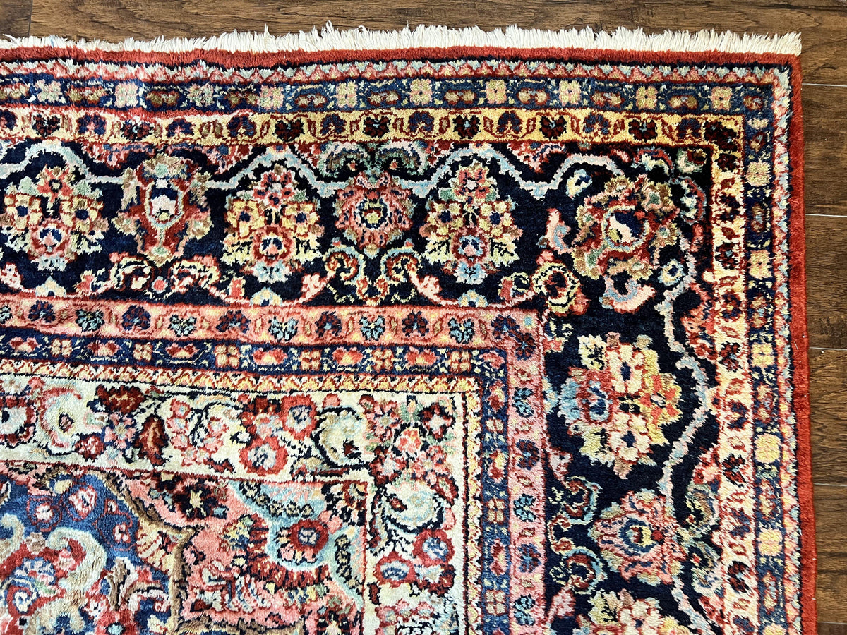 Persian Sarouk Rug 11x14, Semi Open Field, Large Antique Persian Wool Handmade Carpet, Red and Dark Blue, Floral - Jewel Rugs, view 7