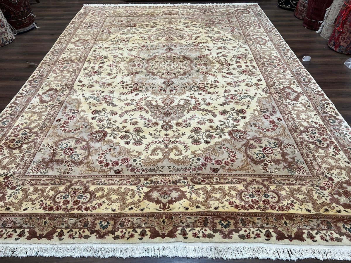 Vintage Sino Persian Rug 10x14, Room Sized Elegant Handmade Oriental Carpet 10 x 14, Floral Medallion Large Wool Rug with Silk Accents Beige - Jewel Rugs, view 2