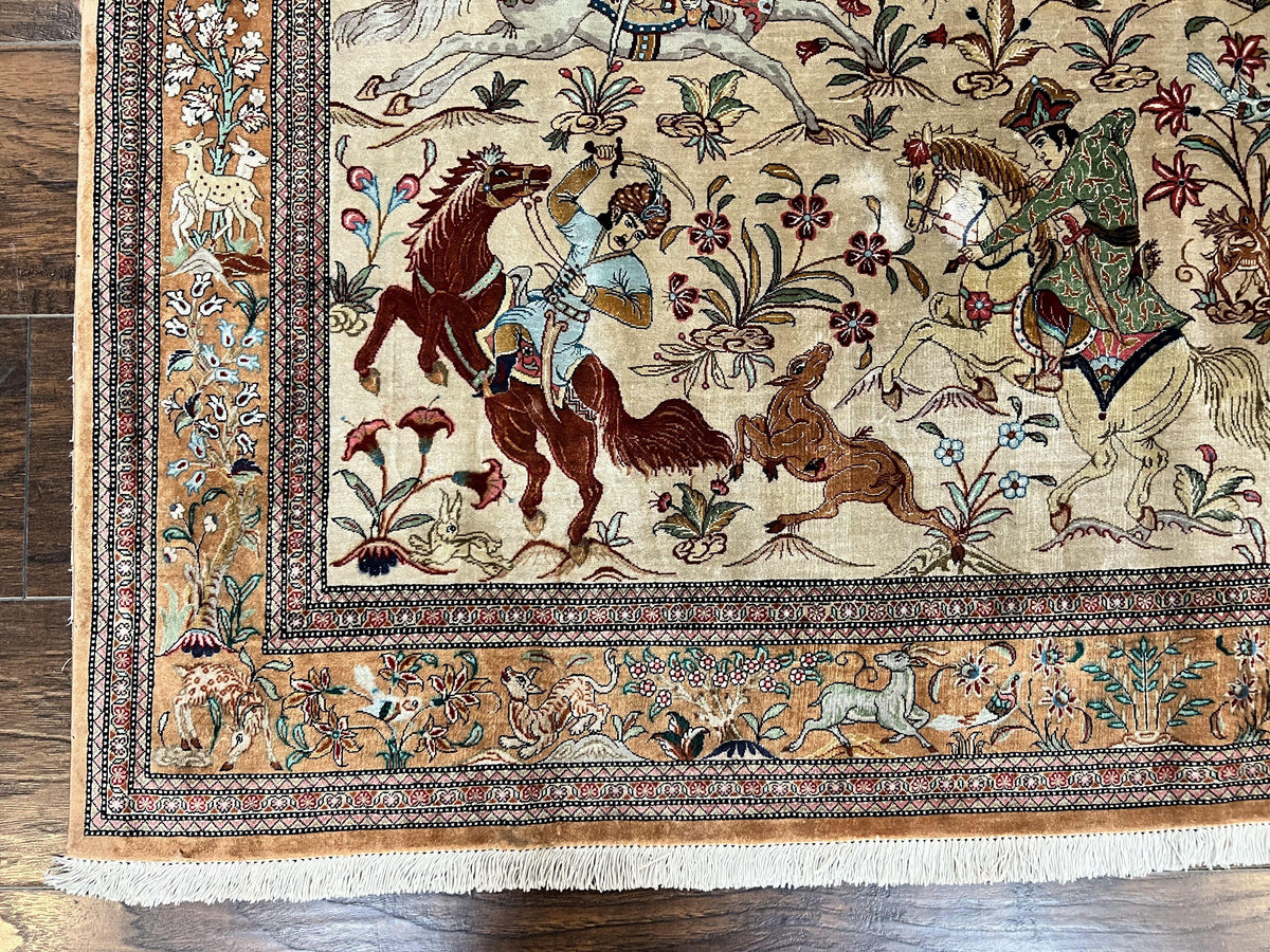 Silk Persian Qum Rug 3x5, Hunting Pattern, Handmade Vintage Carpet, Signed by Master Weaver, Horsemen Pictorials, Super Fine 650 KPSI - Jewel Rugs, view 8