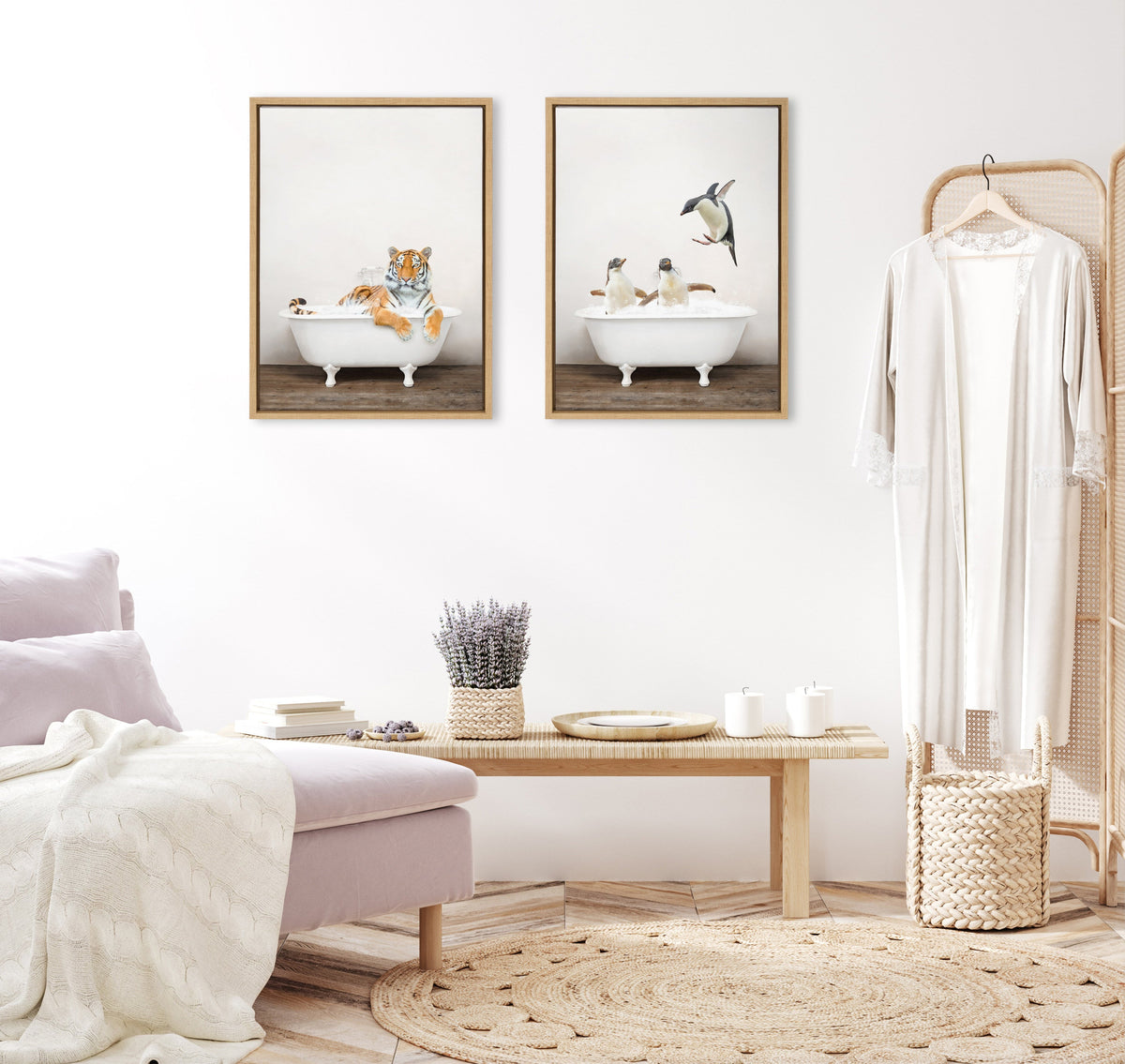 Sylvie Penguins Playing in Rustic Bath Framed Canvas by Amy Peterson Art Studio