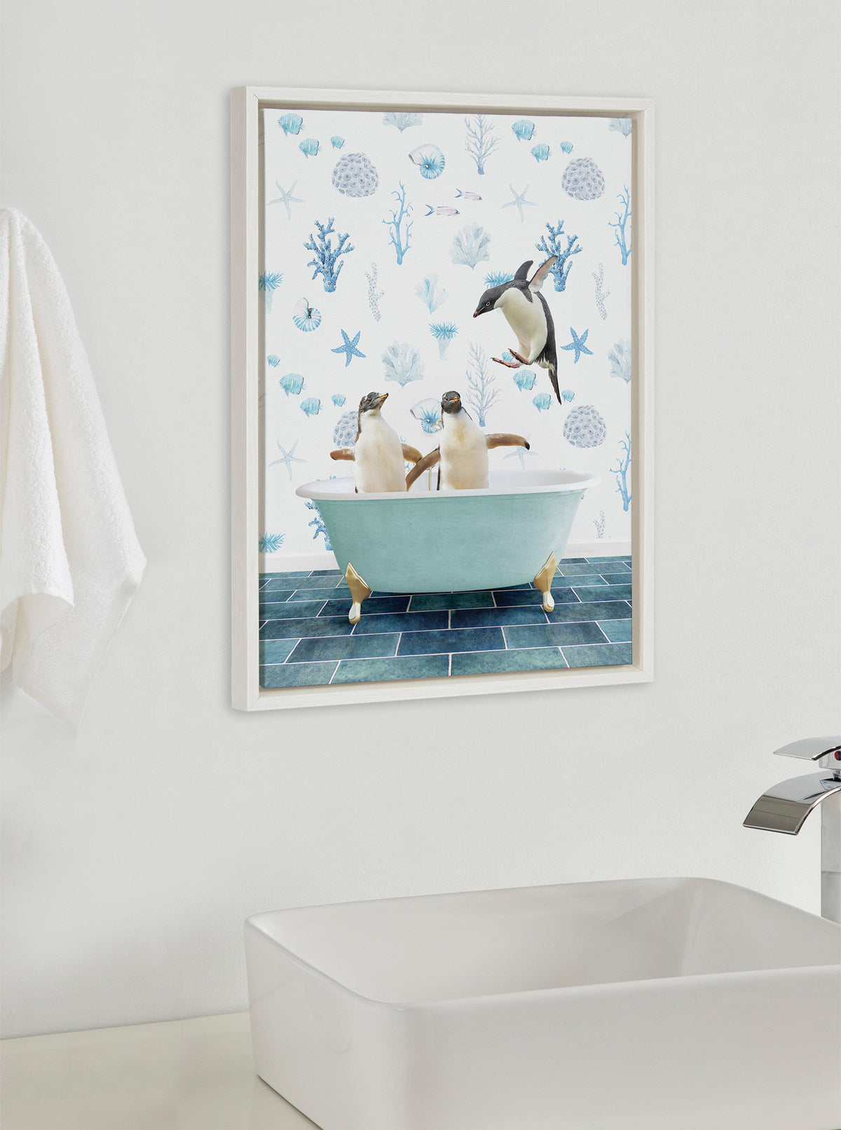Sylvie Penguins In Under the Sea Bath Framed Canvas by Amy Peterson Art Studio