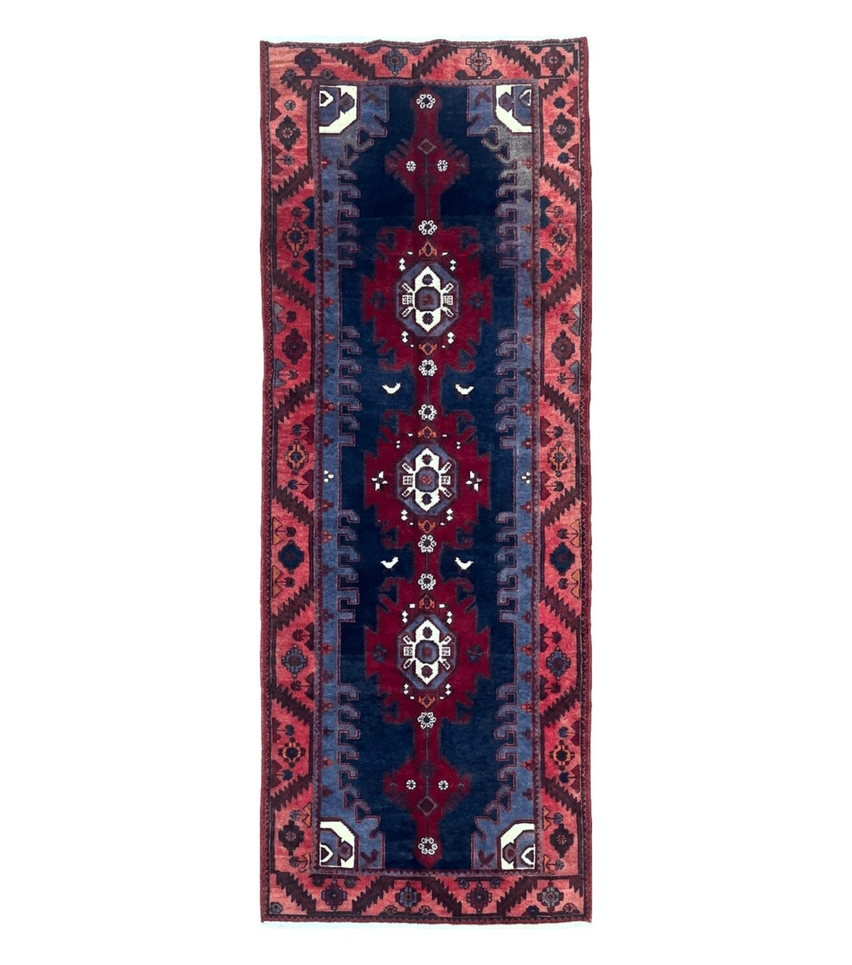 Persian Karajeh Runner Rug 3.6 x 9.5, Geometric Medallions, Tribal Village Rug, Navy Blue, Handmade - Jewel Rugs