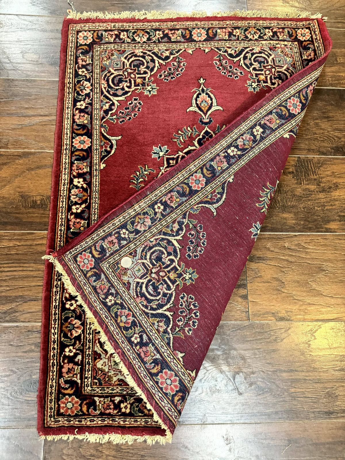 Small Persian Kashan Rug 2x3, Red and Navy Blue, Handmade Vintage Wool Semi Antique Persian Carpet, Semi Open Field - Jewel Rugs, view 9