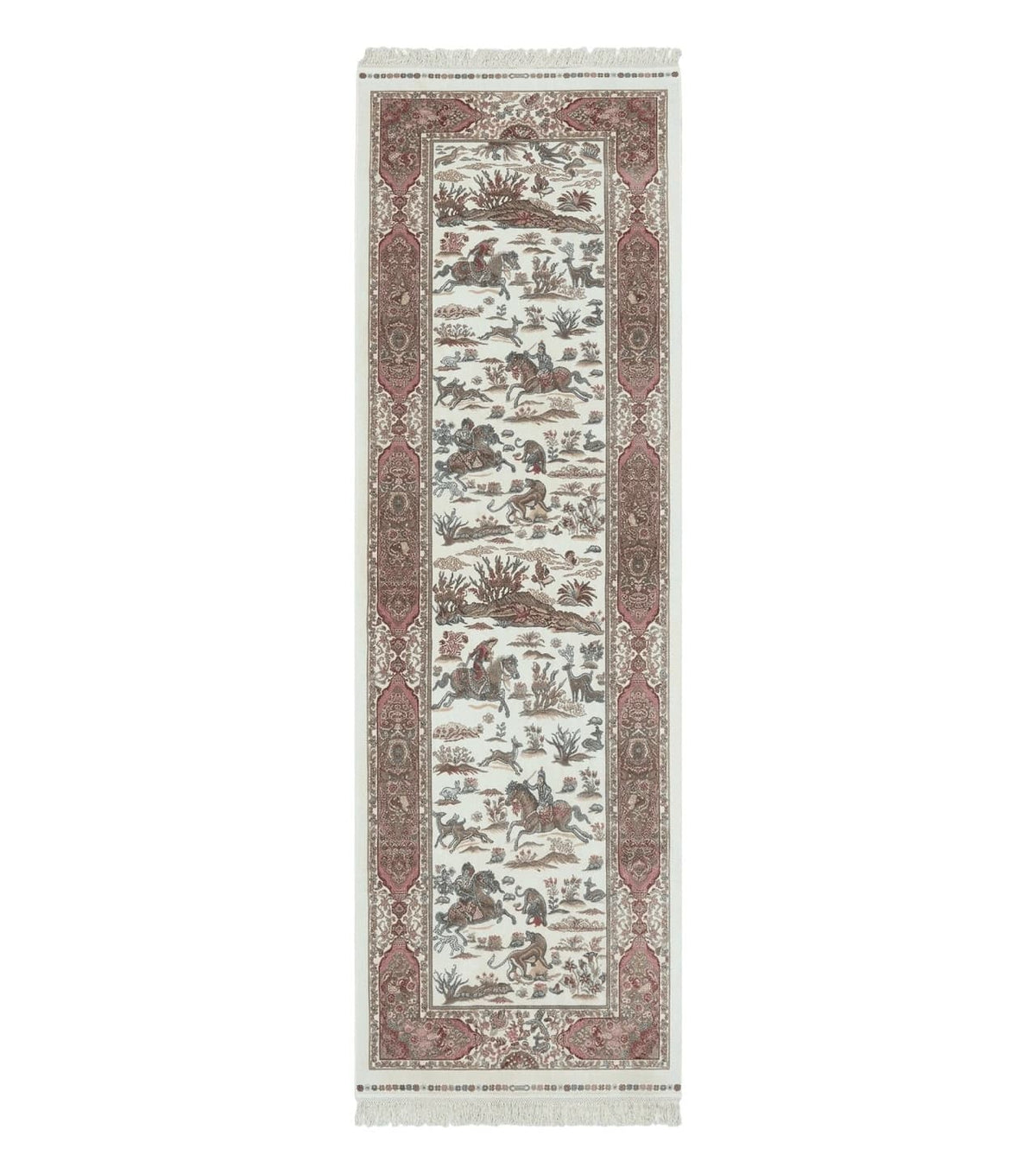 Turkish Silk Runner Rug 2.6 x 8, Hunting Design, Ivory, Bamboo Silk, New - Jewel Rugs