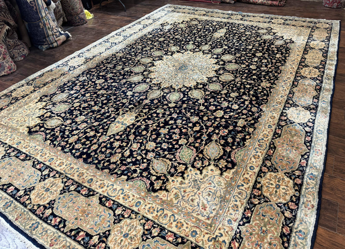 Large Persian Kerman Rug 10x14, Navy Blue and Beige, Floral Medallion, Traditional Elegant Persian Carpet, Signed by Masterweaver - Jewel Rugs, view 2