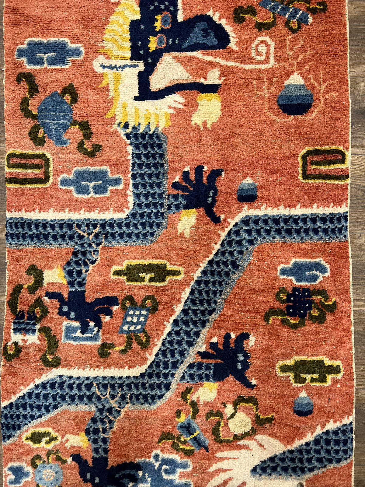 Rare Chinese Ningxia Pillar Rug 3x8, Late Qing Dynasty, 5 Clawed Dragon, Cloud Rainbow Border, Collectible Antique Carpet, Wool Hand Knotted - Jewel Rugs, view 6