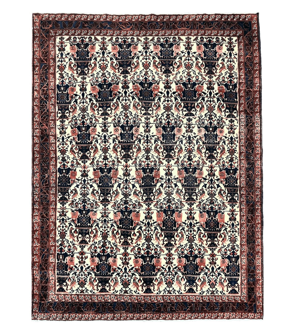 Persian Afshar Rug 6x8, Wool Hand Knotted Semi Antique Vintage Carpet, Floral Allover, Repeated Birds Flowers Vases Motifs - Jewel Rugs