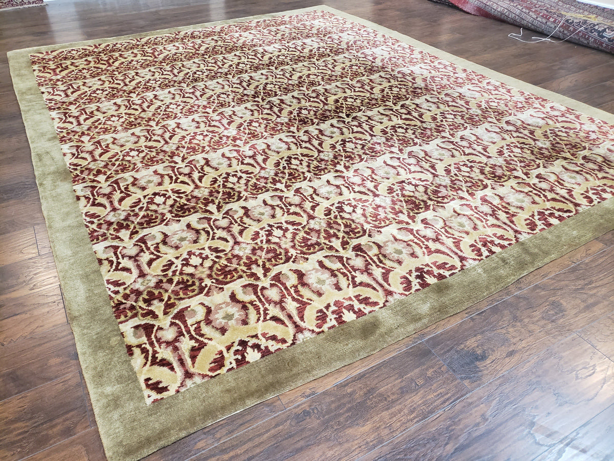 Contemporary Indian Nepalese Room Sized Rug 9 x 11.6, Wool Hand-Knotted Dark Red & Beige Soft Carpet, 9 x 12 Masterloom Living Room Rug - Jewel Rugs, view 2