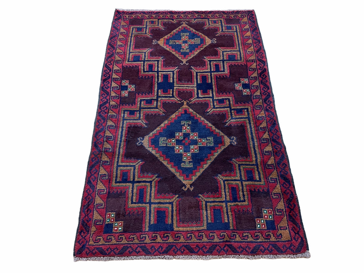 2'11" X 4'6" Vintage Handmade Tribal Wool Rug Balouchi Rug Afghan Rug Geometric - Jewel Rugs, view 2