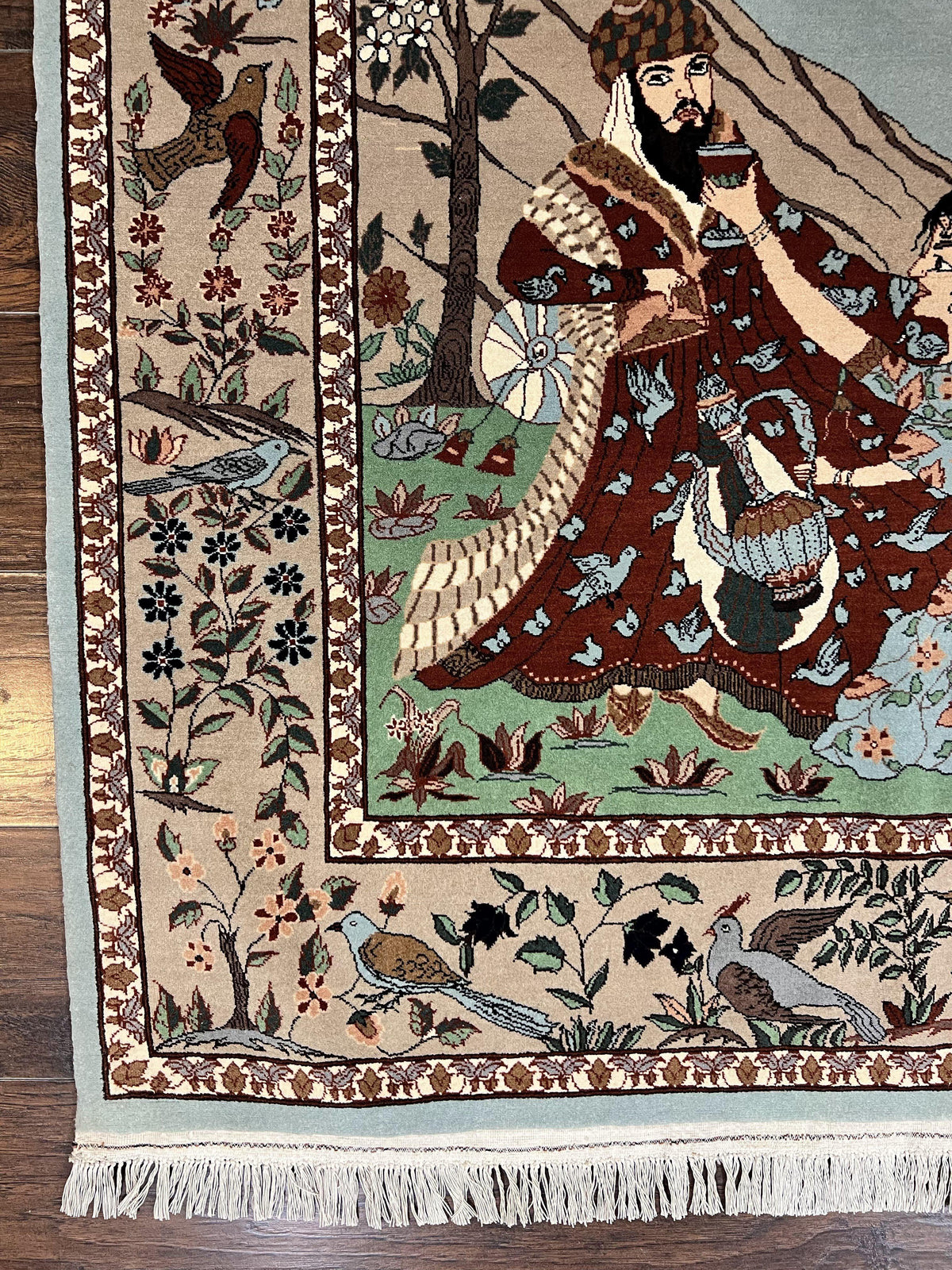 Indo Persian Pictorial Rug 4x7, Handmade Hand Knotted Wool Semi Antique Horizontal Carpet, Men & Women Drinking, Fine Rug, Bird Pictorials - Jewel Rugs, view 8