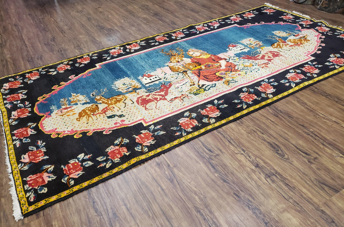 Antique Persian Pictorial Rug 4'6" x 9', Wool Hand-Knotted Blue Roses Karabagh Caucasian Carpet, 1920s Girl Deer Tapestry Wall Hanging Rug - Jewel Rugs, view 2