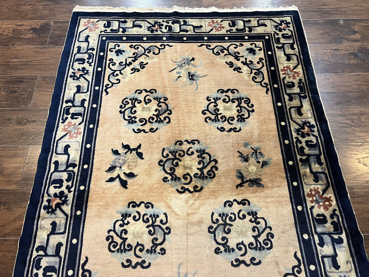 Chinese Peking Rug 4x6, Wool Hand Knotted Handmade Vintage Semi Antique Carpet, Semi Open Field, Light Peach & Navy Blue, Art Deco Rug - Jewel Rugs, view 5