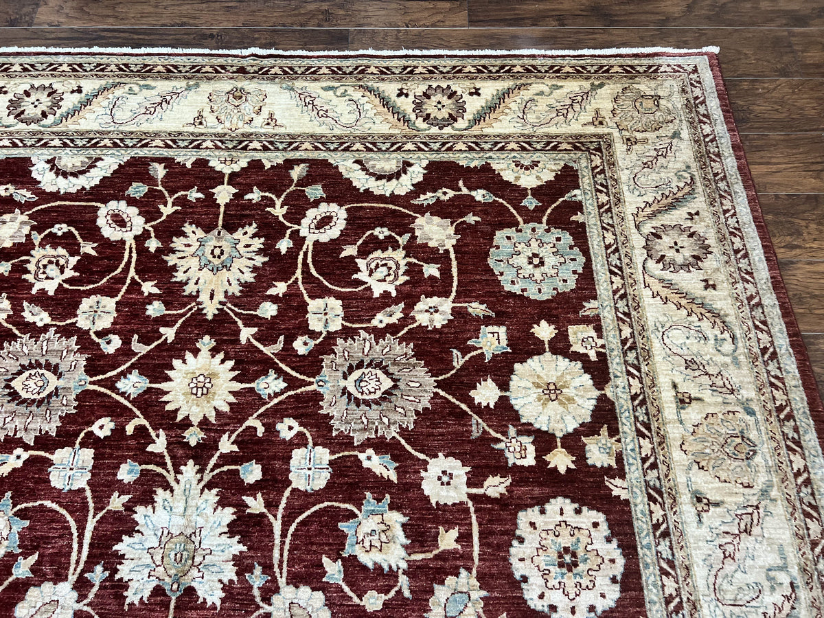 Peshawar Rug 9x11, Pakistani Oriental Carpet, Maroon and Beige, Floral Allover, Wool Hand Knotted Handmade Vintage Rug - Jewel Rugs, view 7