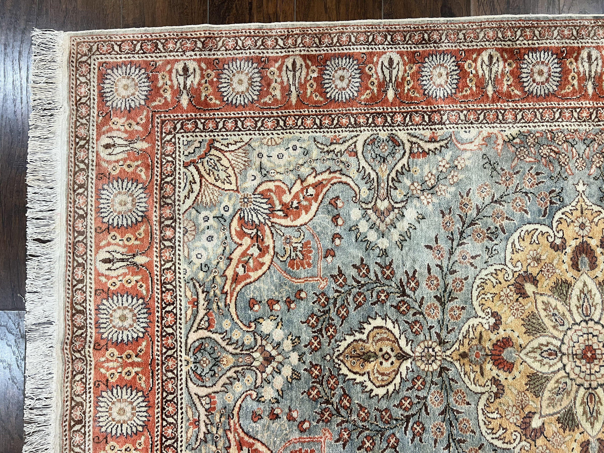 Silk Turkish Rug 5x7, Light Blue Silk Carpet, Floral Medallion, Turkish Kayseri Rug, Vintage Handmade Oriental Rug - Jewel Rugs, view 5