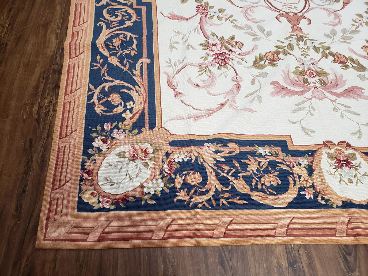 Chinese Aubusson Savonnerie Area Rug 6x8, Vintage Hand-Woven Needlepoint Rug, Flat Weave Handmade Wool Carpet Living Room Ivory & Navy Blue - Jewel Rugs, view 8