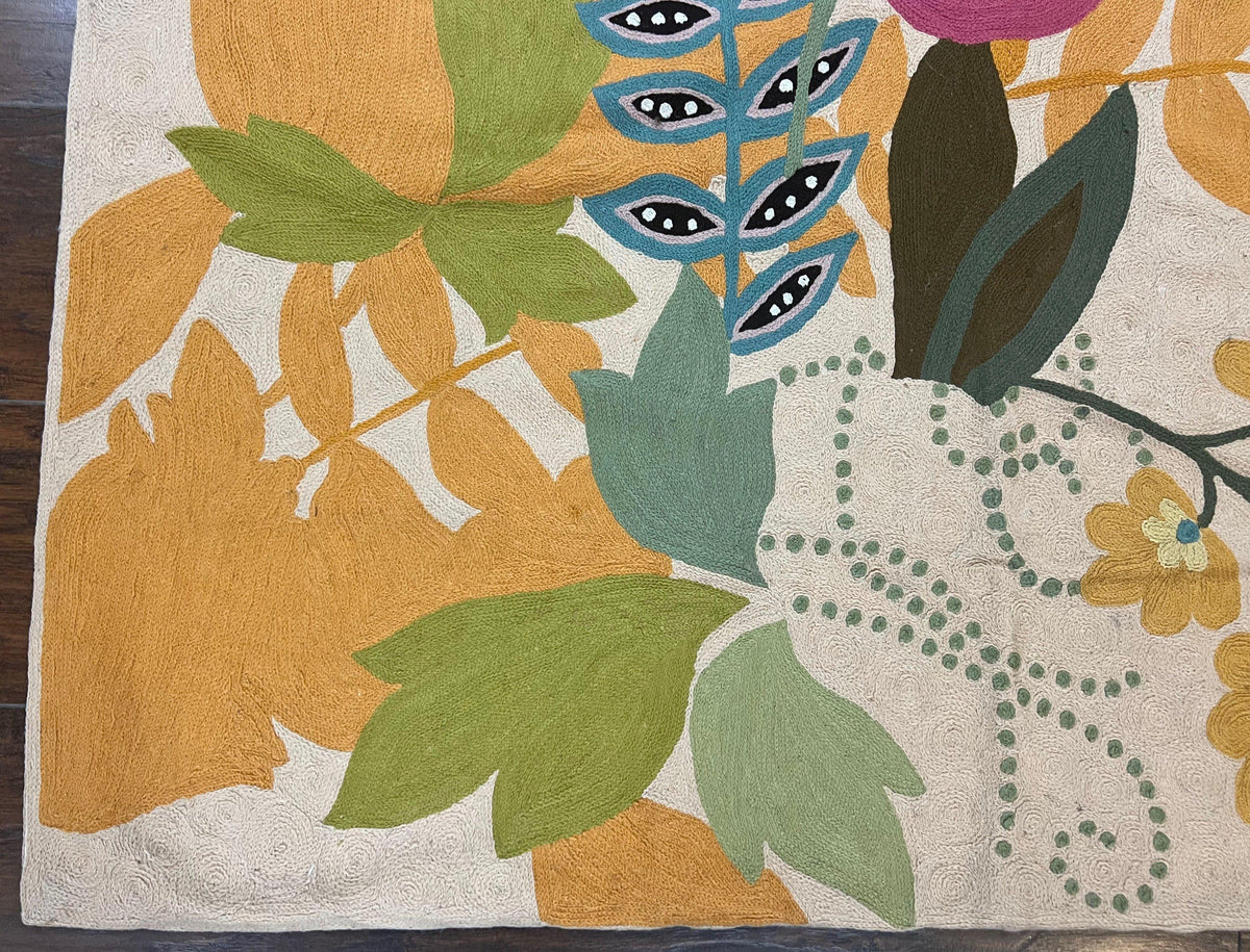 Indian Chain Stitched Rug 4x6, Hand Stitched Indian Embroidery Carpet, Large Floral Design, Contemporary, Cream and Colorful Flowers, Wool - Jewel Rugs, view 9