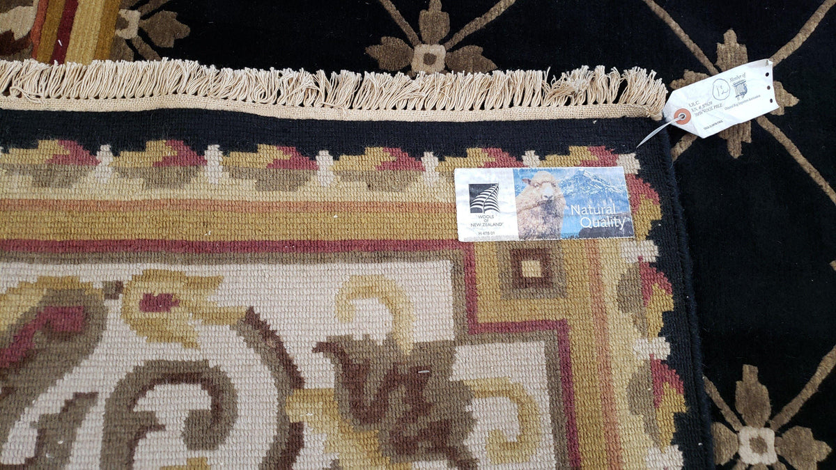 Nepal Rug 6x9, New Aubusson Nepalese Tibetan Carpet 6'1" x 8' 8", Hand-Knotted Wool, Unused, Black & Cream, Savonnerie Pattern, Soft Pile - Jewel Rugs, view 11
