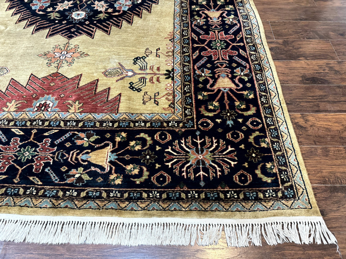 Indo Persian Heriz Rug 8x12, Camel Hair Tan and Navy Blue, Decorative - Jewel Rugs, view 10